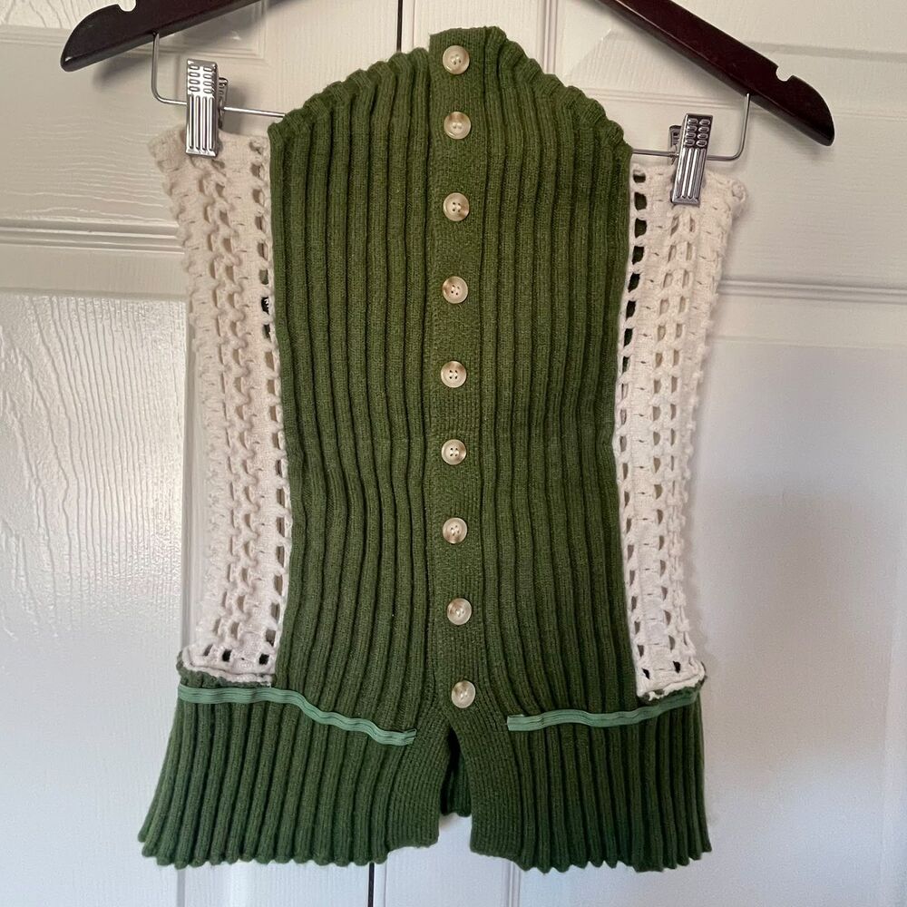 Womens M Olive Green Ribbed Knit Crochet Side Strapless Tube Top Button Front - Picture 2 of 6